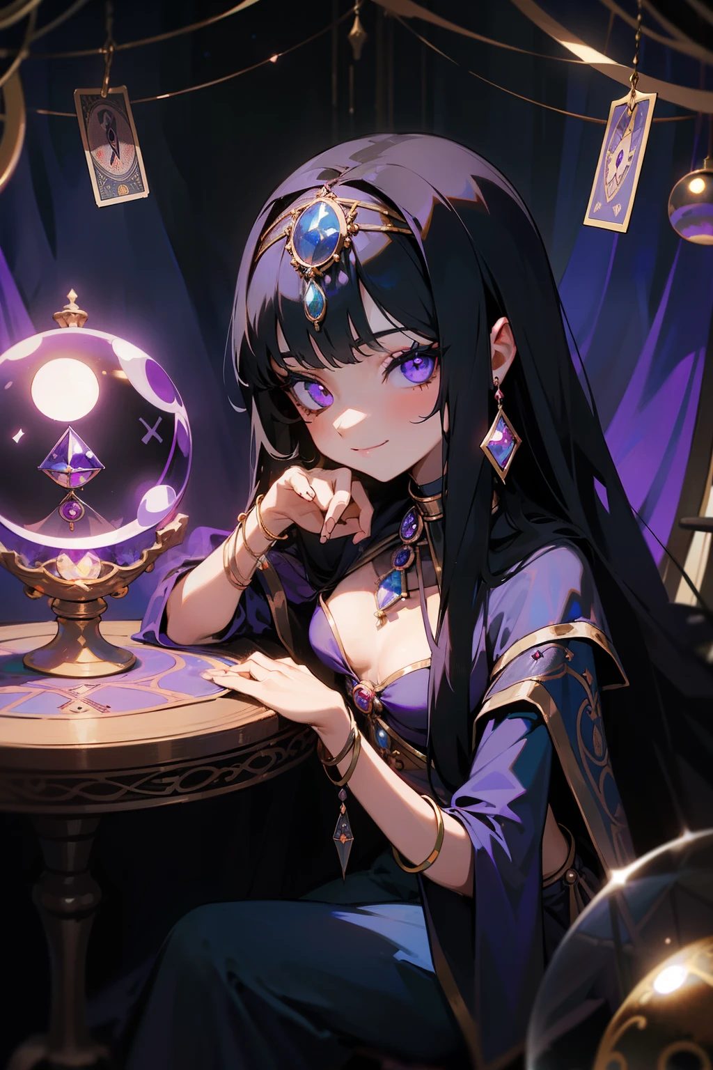 1 girl,Eyes staring at the camera,(((Small breasts))) (Long black hair,Gypsy fortune teller costume,Gypsy Girls:1.2), smile, Mysterious, Sit at the table, (Tarot Cards, Crystal Ball:1.2) ,indoor, Tent curtains in the background, Dark and Mysterious lights, Purple magic atmosphere,