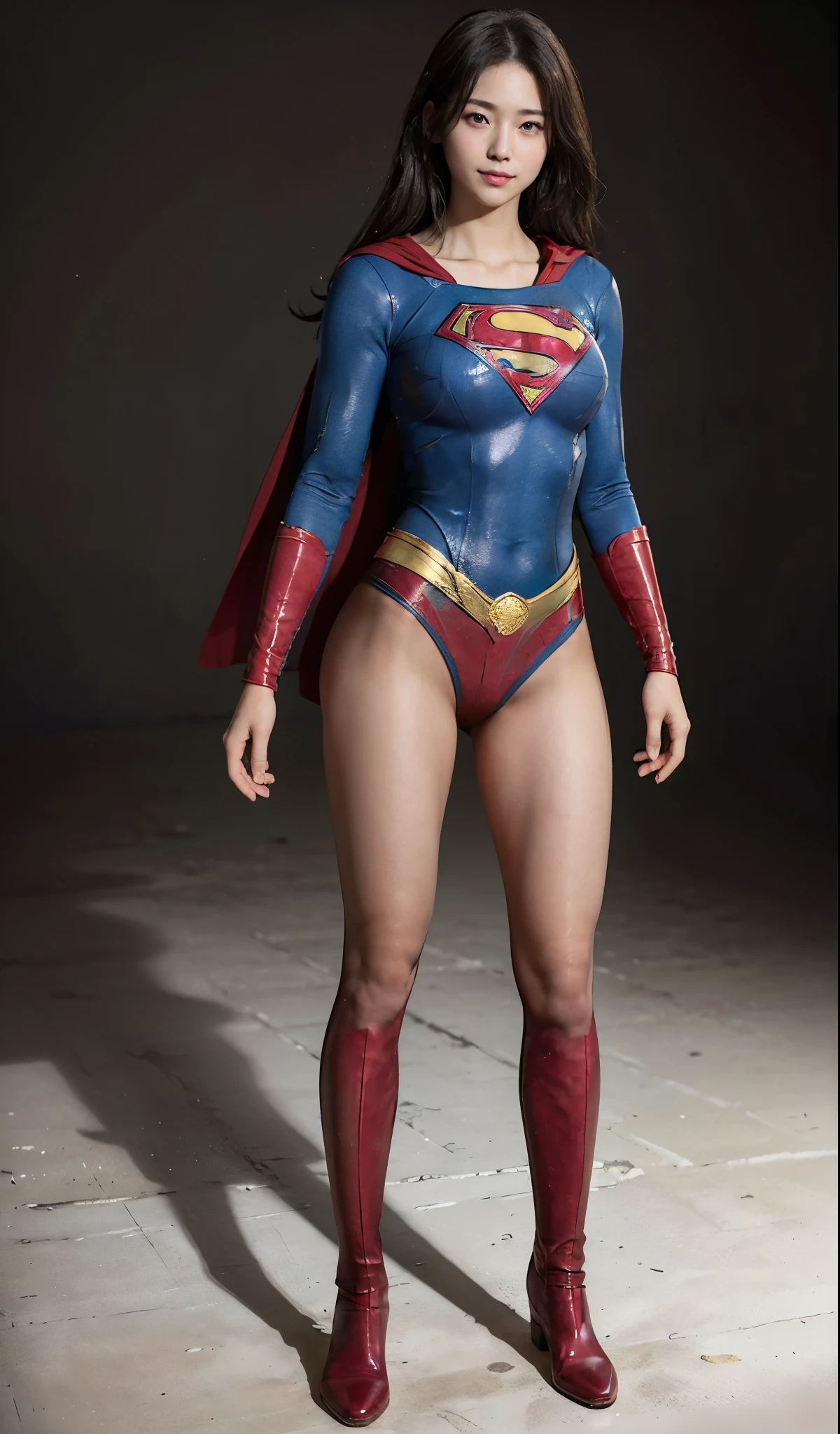 No background、(((Beautiful legs in black tights.)))、(((Legally express the beauty of your smile)))、((((Make the most of your original images)))、(((Supergirl Costume)))、(((Beautiful Hair)))、(((suffering)))、(((Please wear black tights....、Wear red boots)))、((Best image quality、8K))、((highest quality、8K、masterpiece:1.3))、(((Preserve background )))、Sharp focus:1.2、Beautiful woman with perfect figure:1.4、Thin abdominal muscles:1.2、Wet body:1.5、Highly detailed face and skin texture、8K