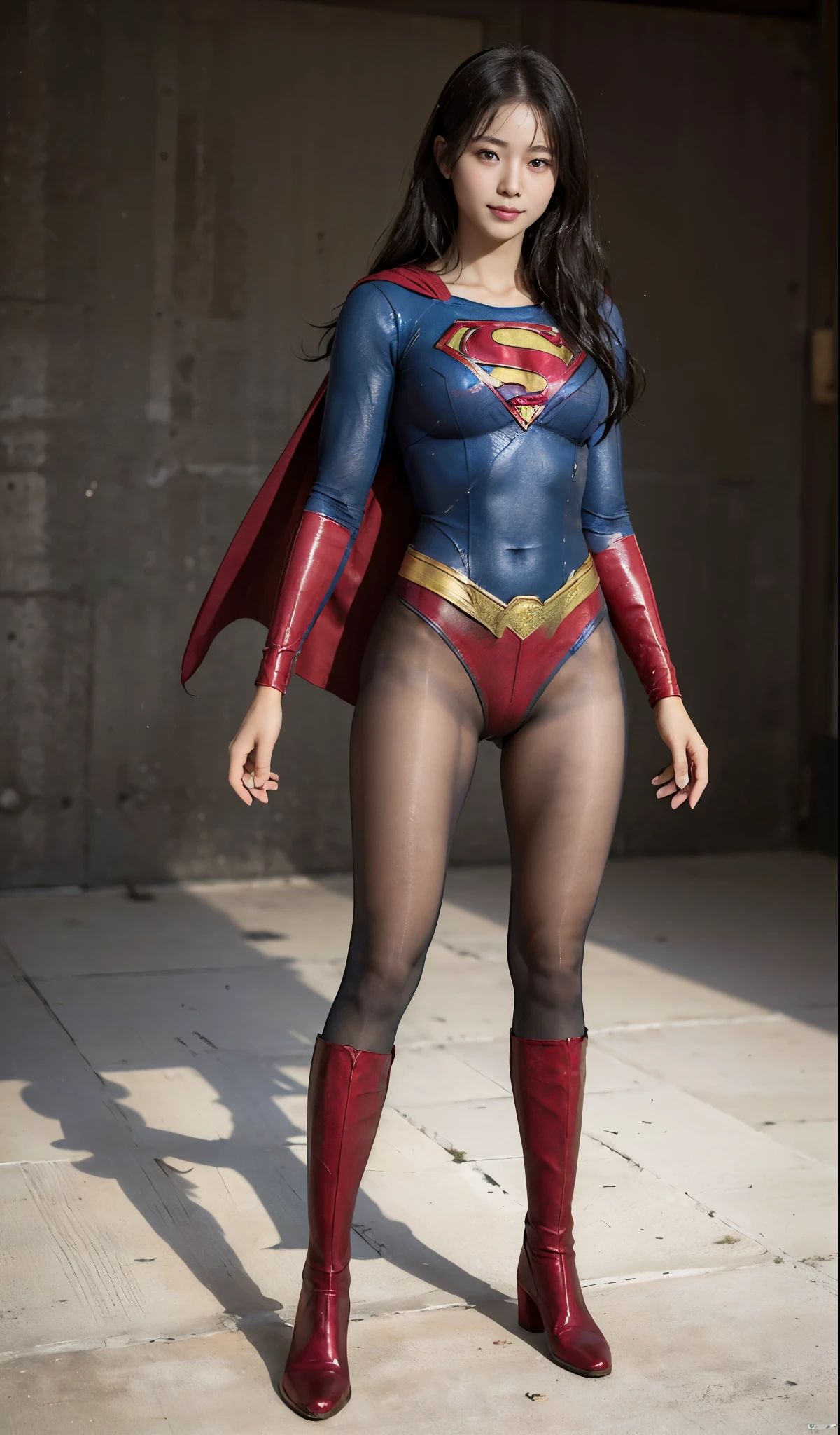 No background、(((Beautiful legs in black tights.)))、(((Legally express the beauty of your smile)))、((((Make the most of your original images)))、(((Supergirl Costume)))、(((Beautiful Hair)))、(((suffering)))、(((Please wear black tights....、Wear red boots)))、((Best image quality、8K))、((highest quality、8K、masterpiece:1.3))、(((Preserve background )))、Sharp focus:1.2、Beautiful woman with perfect figure:1.4、Thin abdominal muscles:1.2、Wet body:1.5、Highly detailed face and skin texture、8K