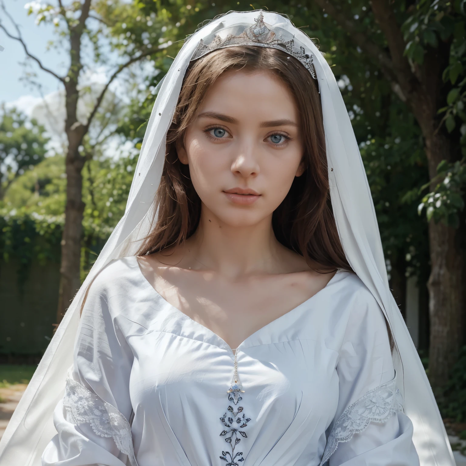 Queen of heaven, Holy Mary, Beautiful woman with light blue eyes wearing white tunic and white veil, white cloak covering her shoulders, white sash around her waist, Red roses falling from the trees 