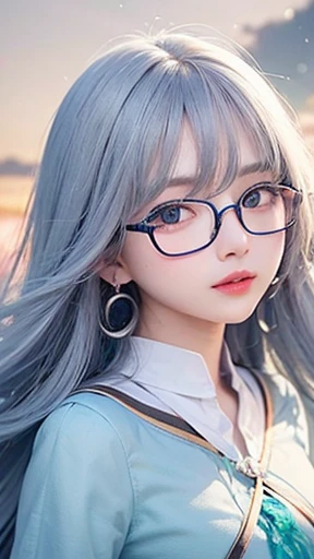 Glasses、Turquoise eyes、(highest quality, masterpiece), One girl, Pause, particle, Wind, flower, Upper Body, Simple Background, View your viewers, , Milky Way,smile、See-through、mysterious、(Silver Long Hair、Some have red hair)、Earrings、Twin taililky way、Crescent Moon