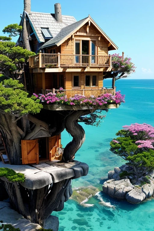 Perfection The Coolest tree house on a large rock in the middle of the sea with flowers in front of the house and trees on both sides of the house
