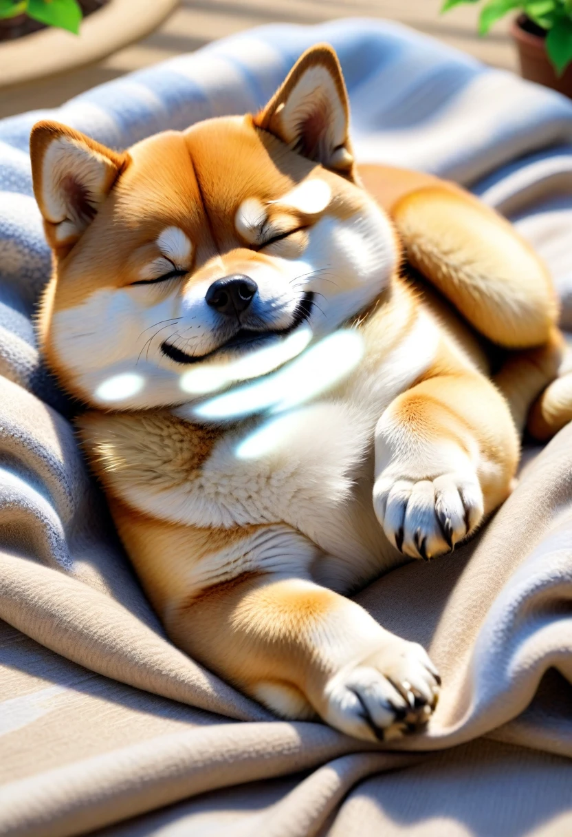 8k,wallpaper of extremely detailed CG unit, ​masterpiece,hight resolution,top-quality,top-quality real texture skin,hyper realisitic,increase the resolution,RAW photos,best qualtiy,highly detailed,the wallpaper,golden ratio, BREAK ,shiba dog is sleeping with his stomach shown rolled over,he is sleeping very happily,soft sunshine of the spring,at veranda,sleeping on the soft blanket,dynamic angle,navel sky,belly trap,dog,[nsfw:2.0]