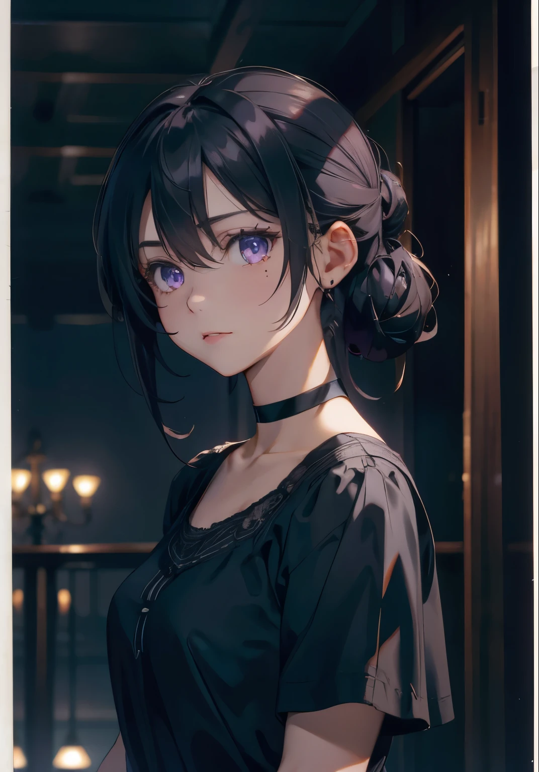((masterpiece)), ((ultra-detailed)), pixiv, best shadows, best lighting, best quality, absurdres, highres, cinematic shot, rim lightning, , dark lightning, 1girl, solo, black hair, choker, black choker, looking at viewer, hair bun, medium hair, single hair bun, shirt, mole under mouth, purple background, upper body, hair between eyes, mole