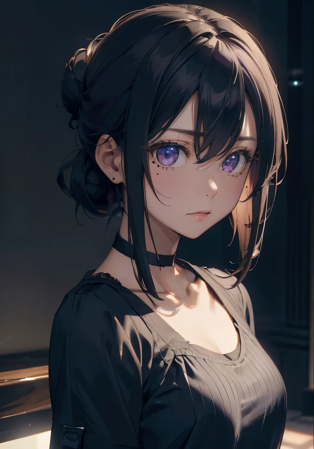 ((masterpiece)), ((ultra-detailed)), pixiv, best shadows, best lighting, best quality, absurdres, highres, cinematic shot, rim lightning, , dark lightning, 1girl, solo, black hair, choker, black choker, looking at viewer, hair bun, medium hair, single hair bun, shirt, mole under mouth, purple background, upper body, hair between eyes, mole