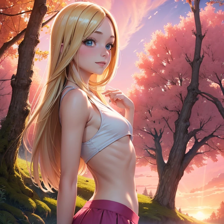 (masterpiece, best quality:1.4), (8K), Young blonde beauty, (((18 years old, neat girl))), detailed blue eyes, long eyelashes, blush, kind smile, upper body, crop top, underboob, small ass, slender thin legs, pink skirt, (from side), (looking at viewer), beautiful blonde hair, white-skinned, long hair, parted bangs, (small breasts), (mushroom forest, celestial forest, beautiful and magnificent pink sunshine, majestic sky), colorful natural light)