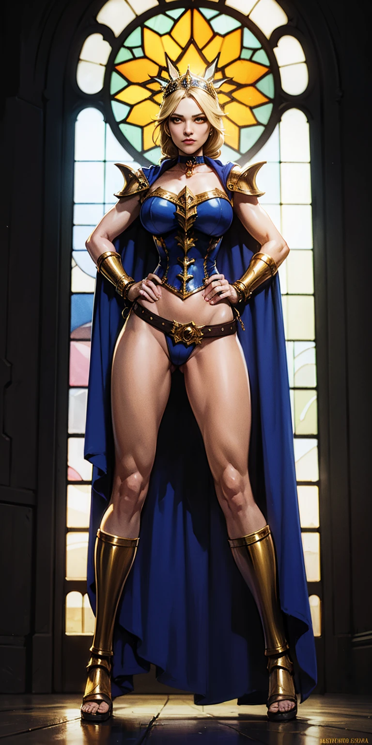 ((Full body view)), (Super Girl from Outer Space), (Lift a giant asteroid with your hands), (Complete DC Comics Female Superheroes), External, Highlight your muscles and scars. The scenery is lush,mystery, The Milky Way surrounds you. The camera records every detail. ((she has blond hair, She has long hair)), (She has a confident smile, Hero Pose), ( His attitude is fearless), ( She is arrogant).(((masterpiece))), (((best quality: 1.4))), ((Super Detail: 1.4)) , An extremely detailed gouache painting of a female tiefling, Gorgeous exotic style, Amber neon eyes:1.5, Orange Hair, Extremely detailed facial features, Expressive face, Detailed texture, Blue skin tone, Tattoo, Natural Skin Shader, Volumetric method, Warm undertones in the skin, Ultra-high resolution,Wearing sexy tattered armor。Nails pierced his hands and feet and tied them to a golden cross,Hands locked with golden rings。Showing off her long legs and bare feet。Painful expression。