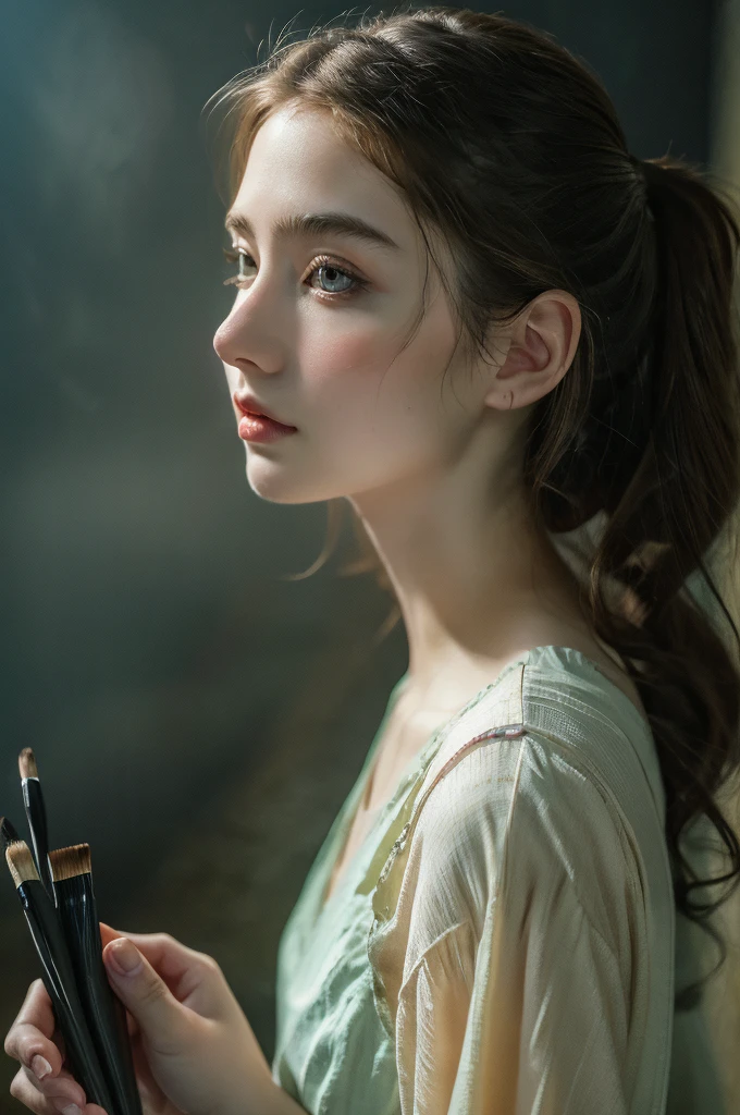( masterpiece, top quality, best quality,8k,17 years old girl,ultra detailed,raw photo:1.5),(photorealistic:1.4), (cinematic lighting), PerfectNwsjMajic, , Surrealism, UHD, ccurate, Super detail, textured skin, High detail, Best quality, dynamic angle, White skin,[Beautiful blue eyes], high nose,[flat chest:large breasts:0.5],(1girl),(good anatomy:0.5)), Dreamy atmosphere, Dark,expressive brush strokes, mystical ambiance, Artistic interpretation, Stunning Studio Ghibli style costumes, a whimsical illustration, Subtle colors and tones, mystical aura,straight face, hairstyles