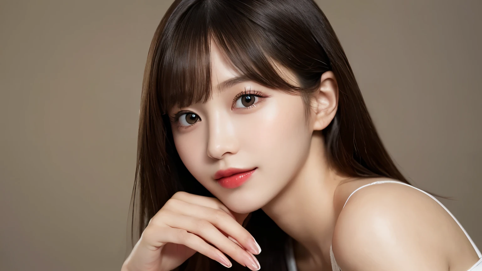 on the table, best quality, shape, Super detailed, Finely, high resolution, 8k wallpaper, 完璧なダイナミックな構shape, Beautiful and delicate eyes, Medium Length Hair, Small Breasts, Natural lipstick, Casual sexy pose,Smile,20 year old girl、midnight、Beautiful and detailed face、Perfect beautiful face,big eyes、original photo、Use the whole body to express female posture、Beautiful and delicate eyes、Small face、Beautiful duplex、Facelift and style,skirt、Beautiful golden ratio face,Long hair