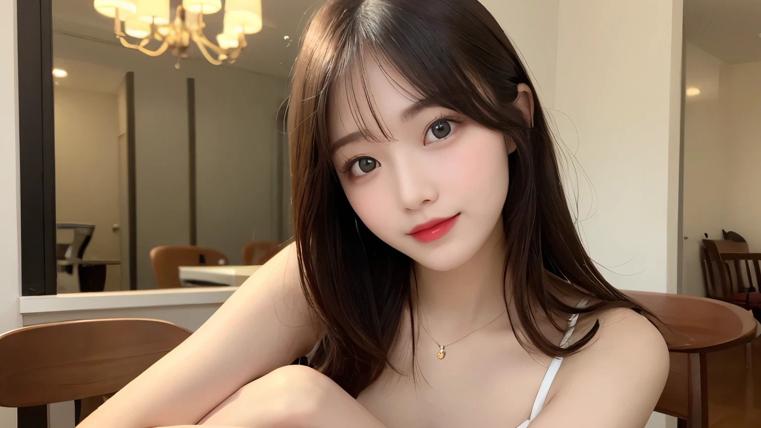 on the table, best quality, shape, Super detailed, Finely, high resolution, 8k wallpaper, 完璧なダイナミックな構shape, Beautiful and delicate eyes, Medium Length Hair, Small Breasts, Natural lipstick, Casual sexy pose,Smile,20 year old girl、midnight、Beautiful and detailed face、Perfect beautiful face,big eyes、original photo、Use the whole body to express female posture、Beautiful and delicate eyes、Small face、Beautiful duplex、Facelift and style,skirt、Beautiful golden ratio face,Long hair