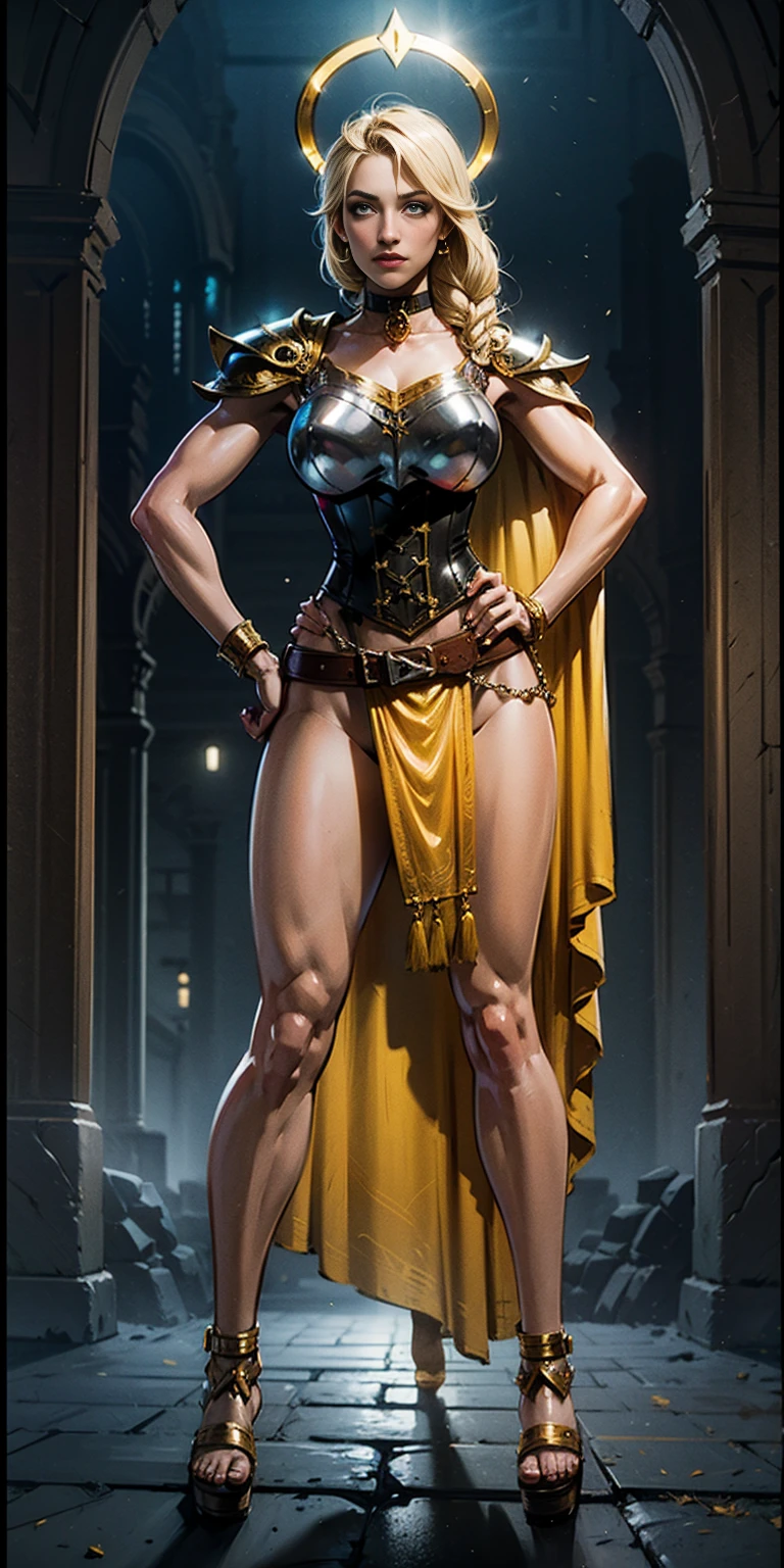 paladin lady in ornate golden armor, black collar, pauldrons, breastplate, corset, glowing halo, single braid, blonde, yellow glowing eyes, bright pupils, eye focus, red cape, temple indoors, stained glass windows, night, moonlight, particles, light beam, chromatic aberration, (full body, whole body. 1solo (girl). slave fighter, loincloth standing, hands on hips full body, whole body. 1solo (girl). slave fighter, loincloth standing, hands on hips, metal sandals, backpack, choker, big belt, view from below, feet together, bracers, tiara)