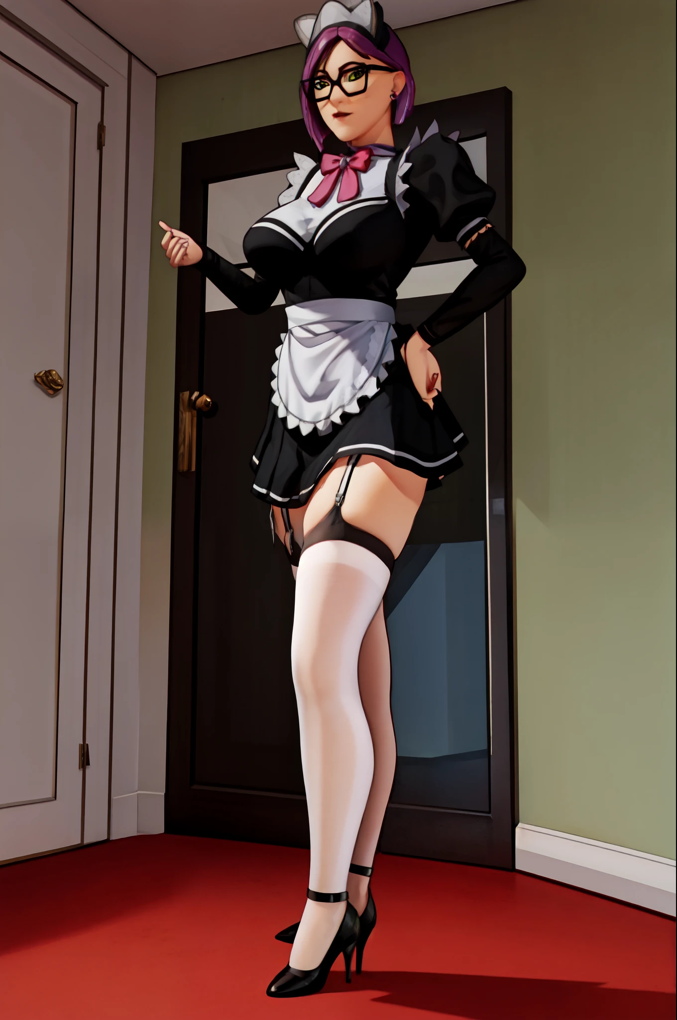 intricate details, 1girl, mature female, solo, standing, (legs apart:1.1), spread legs, hands on hips, full body,
looking at viewer, determined,
Pick hair, short hair, green eyes, glasses, earrings, jewelry,
maid, maid headdress, bowtie, maid apron, black shirt, puffy short sleeves, miniskirt, white thighhighs, garter straps, high heels,
(curvy:1.1), large breasts,
indoors, luxury room, window, mansion,
