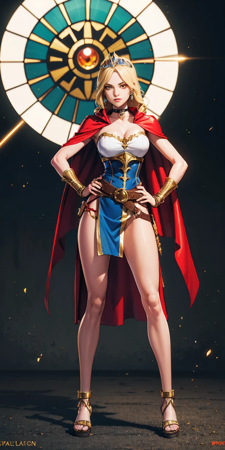 paladin lady in ornate golden armor, black collar, pauldrons, breastplate, corset, glowing halo, single braid, blonde, yellow glowing eyes, bright pupils, eye focus, red cape, temple indoors, stained glass windows, night, moonlight, particles, light beam, chromatic aberration, (full body, whole body. 1solo (girl). slave fighter, loincloth standing, hands on hips full body, whole body. 1solo (girl). slave fighter, loincloth standing, hands on hips, metal sandals, backpack, choker, big belt, view from below, feet together, bracers, tiara)