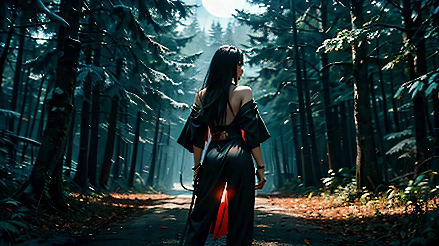 This Japanese-themed setting will be a realistic representation of a female warrior with a rear view.
She is a back figure,
style with long black hair,
dark, form-fitting ninja outfit.
The warrior stands in a bewitchingly beautiful forest covered in shades of red and black
The red leaves suggest a fierce battle.
In her hand she confidently holds a katana with a red and black handle that heightens the sinister atmosphere of this scene.
Her posture exudes strength and determination and should embody a quiet, deadly grace.
Dark night lit by moonlight
Cinematic lighting