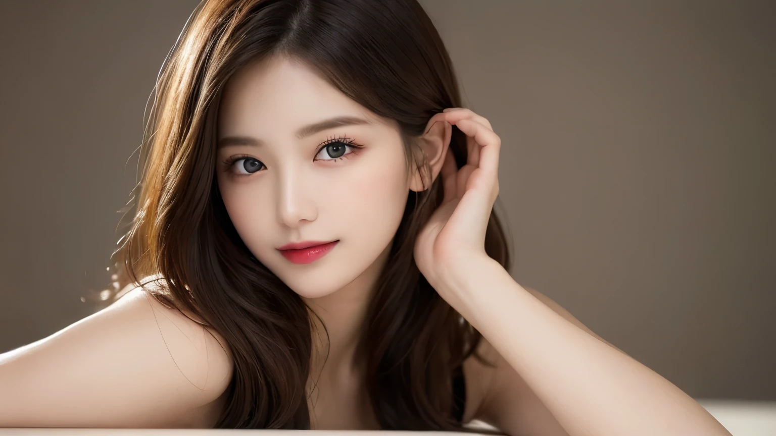 on the table, best quality, shape, Super detailed, Finely, high resolution, 8k wallpaper, 完璧なダイナミックな構shape, Beautiful and delicate eyes, Medium Length Hair, Small Breasts, Natural lipstick, Casual sexy pose,Smile,20 year old girl、midnight、Beautiful and detailed face、Perfect beautiful face,big eyes、original photo、Use the whole body to express female posture、Beautiful and delicate eyes、Small face、Beautiful duplex、Facelift and style,skirt、Beautiful golden ratio face,Long hair