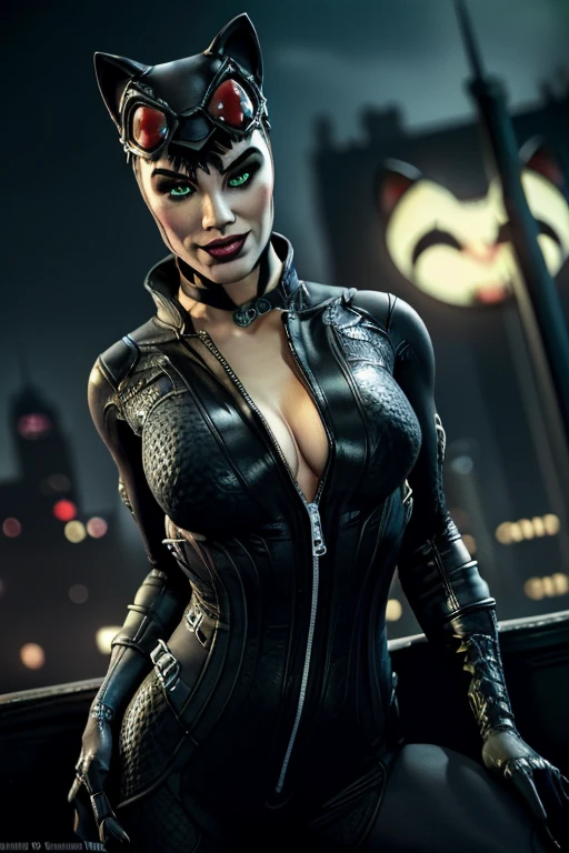 (masterpiece, best quality:1.2), catwoman, 1girl, solo, looking at viewer, bodysuit, deep plunge neckline, cleavage, goggles on headwear, helmet, cat ears, black latex, sexy smirk, tight, gotham city background,