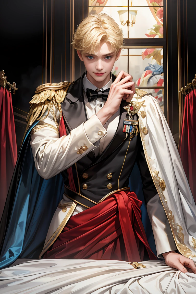 
masterpiece, 最high quality, high quality, 1 boy, alone, Male focus, Watching the audience,  Messy blonde, Adorable big blue eyes, White, Noble, Noble, Beautiful angel、Tuxedo、A very long red and black cape with a high stand-up collar, very big, very big, very big, reaching down to the floor, made of a lot of fabric., ,Cute beautiful boys,Cute, cute, handsome boy with a gentle smile