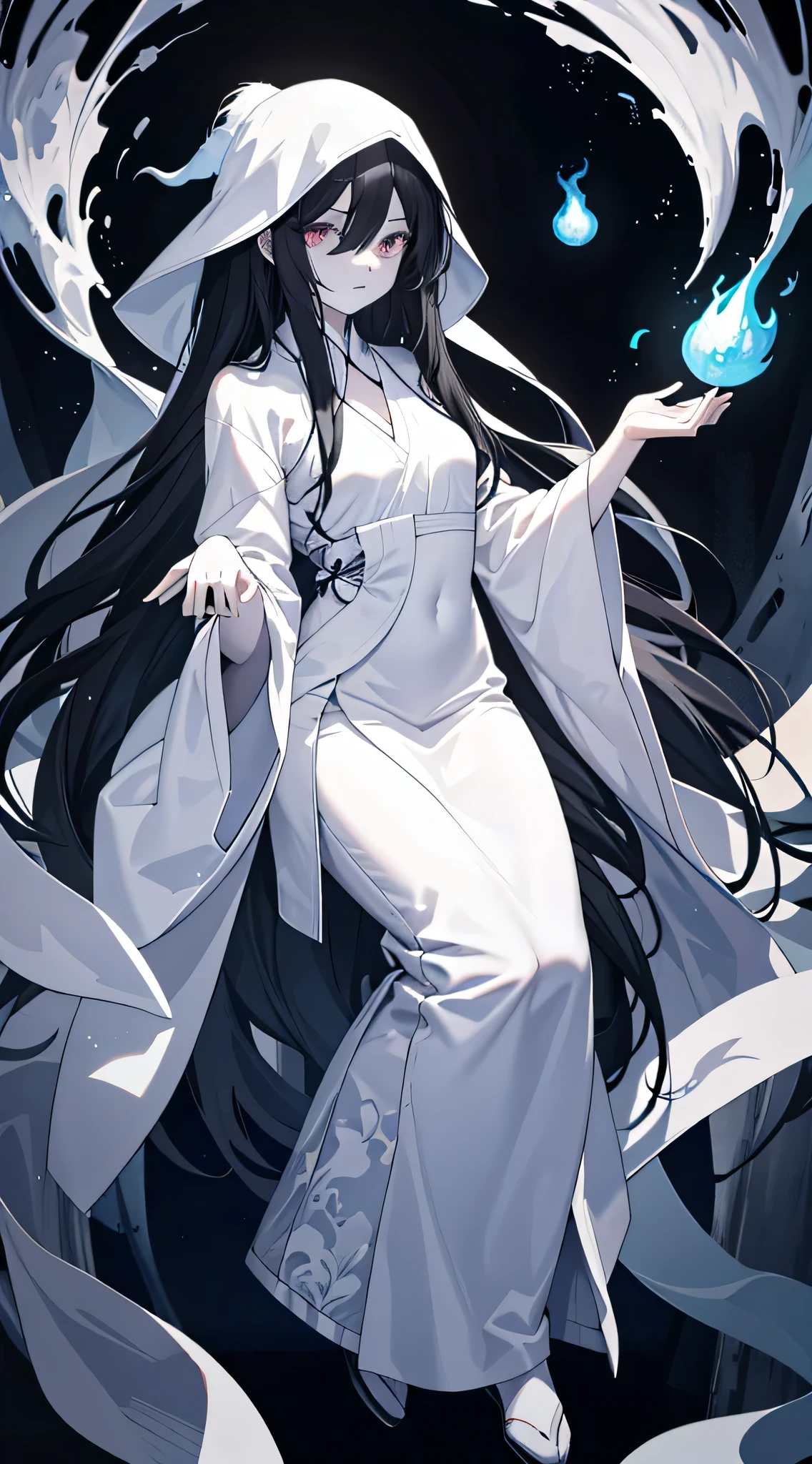 ((whole body)), beautiful ghost, desquamate, ((Black long hair)), Pale shiny skin, Charming and mysterious atmosphere, fear, Lovely, ((White Ghost Costume))