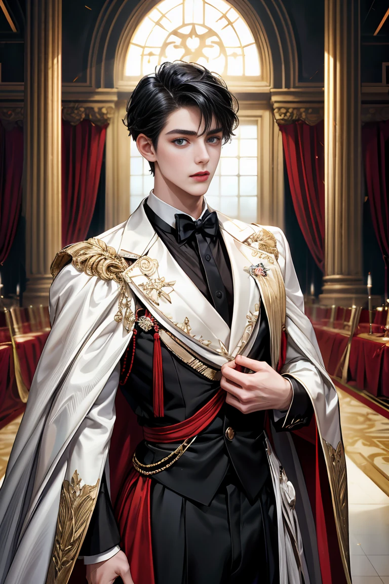 masterpiece, 最high quality, high quality, 1 boy, alone, Male focus, Watching the audience, Messy black hair, Adorable big blue eyes, White, Noble, Noble, Beautiful angel、Tuxedo、A tall stand-up collar, very big, very big, very big, long, long, reaching down to the floor, a long, long red and black cape made with a lot of fabric, 17 years old,Cute beautiful boys,Cute, cute, kind, handsome guy