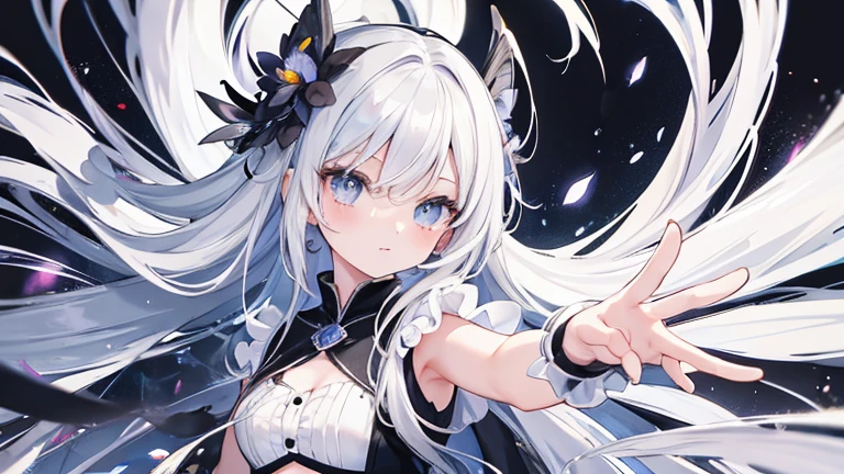 Anime Style,highest quality, masterpiece,Black and white hair,  iris,Simple Background,One Girl, fluid movement,Classical retro color