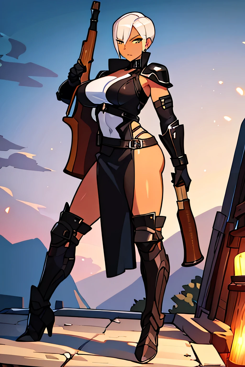 Tall, lightly muscular, woman, buzz haircut, gladiator, light leather body armor, black hard leather skirt, holding a Springfield wooden Rifle, black skin, dark skin, black, yellow cat eyes