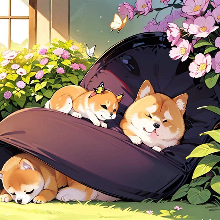 8k,wallpaper of extremely detailed CG unit, ​masterpiece,hight resolution,top-quality,top-quality real texture skin,hyper realisitic,increase the resolution,RAW photos,best qualtiy,highly detailed,the wallpaper,golden ratio, BREAK ,(beautiful butterfly is resting on shiba dog nose:1.6),soft sunshine of the spring,at garden,many beautiful flowers,from side,