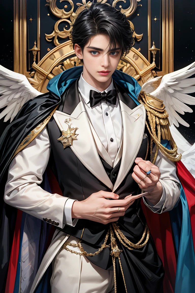 masterpiece, 最high quality, high quality, 1 boy, alone, Male focus, Watching the audience, Messy black hair, Adorable big blue eyes, White, Noble, Noble, Beautiful angel、Tuxedo、A very large, very large, very large, very long red and black cape with a large stand-up collar that reaches down to the floor and is made of a lot of fabric., 16 years old,Cute beautiful boys,cute cute handsome boy