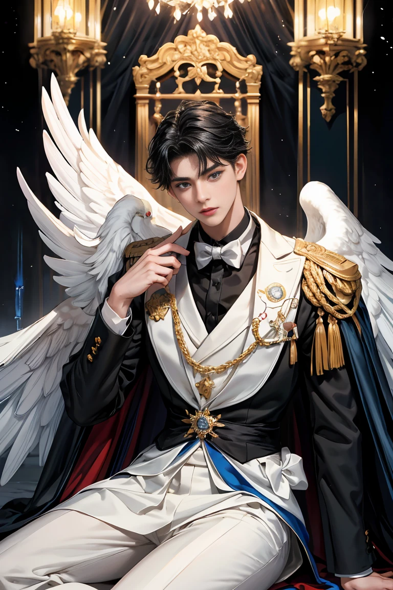
masterpiece, 最high quality, high quality, 1 boy, alone, Male focus, Watching the audience,  Messy black hair, Adorable big blue eyes, White, Noble, Noble, Beautiful angel、Tuxedo、A very large, very large, very large, very long red and black cape with a large stand-up collar that reaches down to the floor and is made of a lot of fabric., 16 years old,Cute beautiful boys,cute cute handsome boy