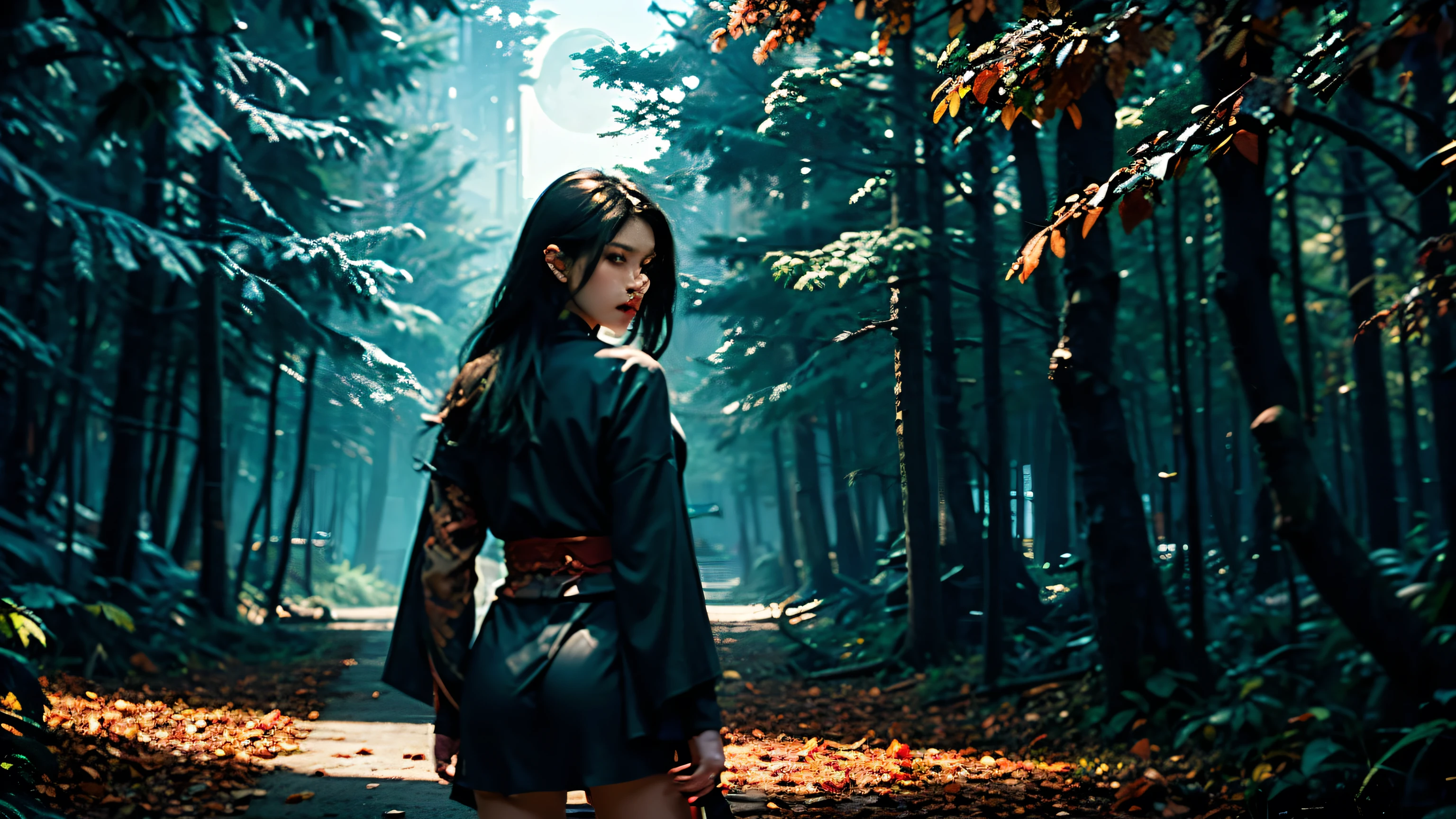 This Japanese-themed setting will be a realistic representation of a female warrior with a rear view.
She is a back figure,
style with long black hair,
dark, form-fitting ninja outfit.
The warrior stands in a bewitchingly beautiful forest covered in shades of red and black
The red leaves suggest a fierce battle.
In her hand she confidently holds a katana with a red and black handle that heightens the sinister atmosphere of this scene.
Her posture exudes strength and determination and should embody a quiet, deadly grace.
Dark night lit by moonlight
Cinematic lighting