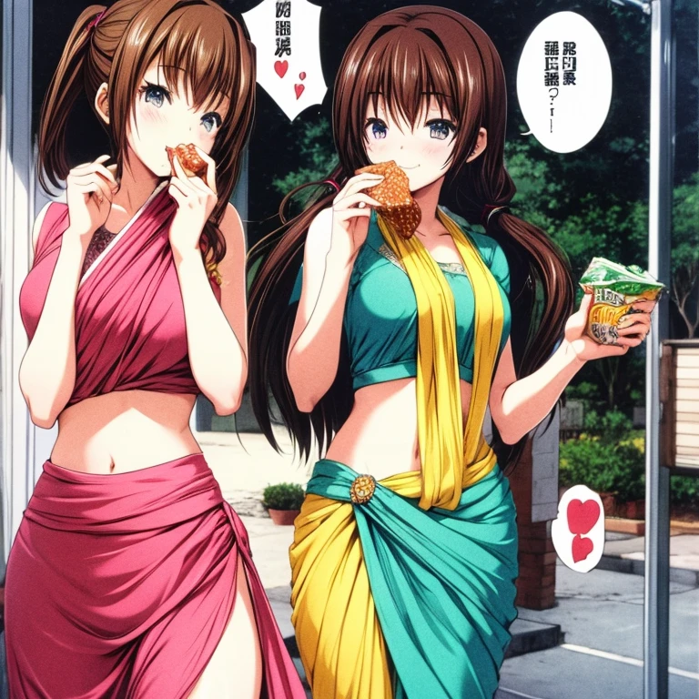 A high school girl wearing a saree eating snacks　　Tight clothing　highest quality