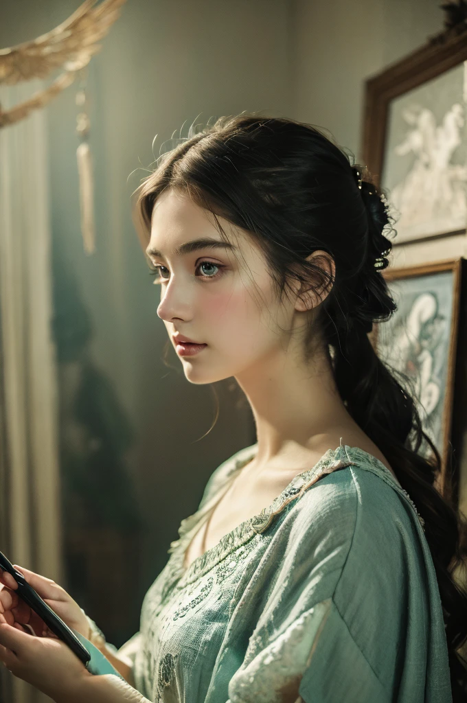 ( masterpiece, top quality, best quality,8k, girl,ultra detailed,raw photo:1.5),(photorealistic:1.4), (cinematic lighting), PerfectNwsjMajic, , Surrealism, UHD, ccurate, Super detail, textured skin, High detail, Best quality, dynamic angle, White skin,[Beautiful blue eyes], high nose,[flat chest:large breasts:0.5],(1girl),(good anatomy:0.5)), Dreamy atmosphere, Dark,expressive brush strokes, mystical ambiance, Artistic interpretation, Stunning Studio Ghibli style costumes, a whimsical illustration, Subtle colors and tones, mystical aura,straight face, hairstyles