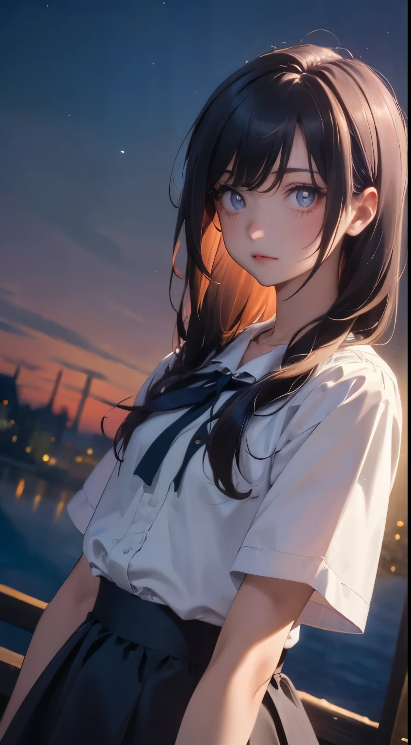 (gradient hair, dutch angle:1.3), grain du film, aberration chromatique, ville, Masterpiece, Best quality, Photo brute, photoreallistic, absurdes, 1fille, mignon, perspective, Tir de cowboy, high resolucion, Ultra detailded, Detailed eyes and face, pupilles pointues, realistic pupils, mise au point nette, summer, Nuit,