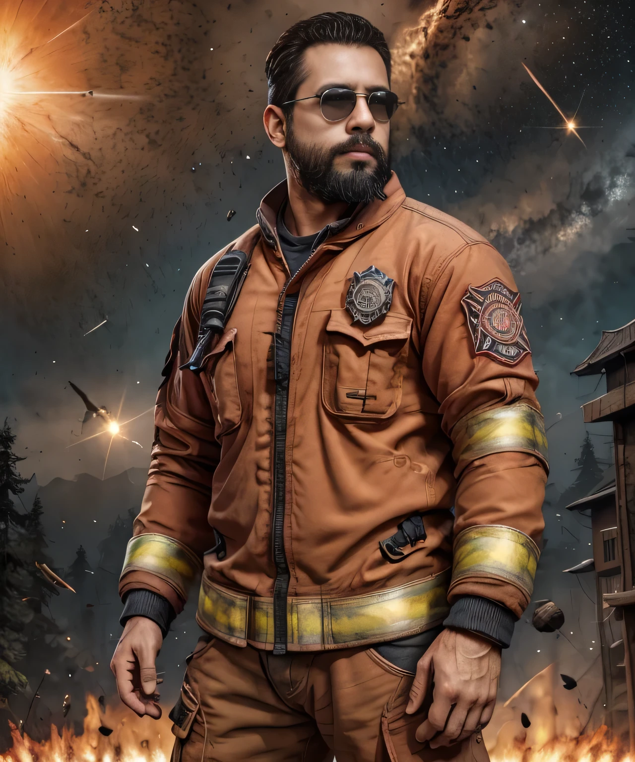 Obra maestra, desenfoque de campo, Parte superior del cuerpo, Hands in pants pockets, 38 year old chubby man with beard and square sunglasses.. Man in firefighter shirt in a space movie with a solar explosion in the background.