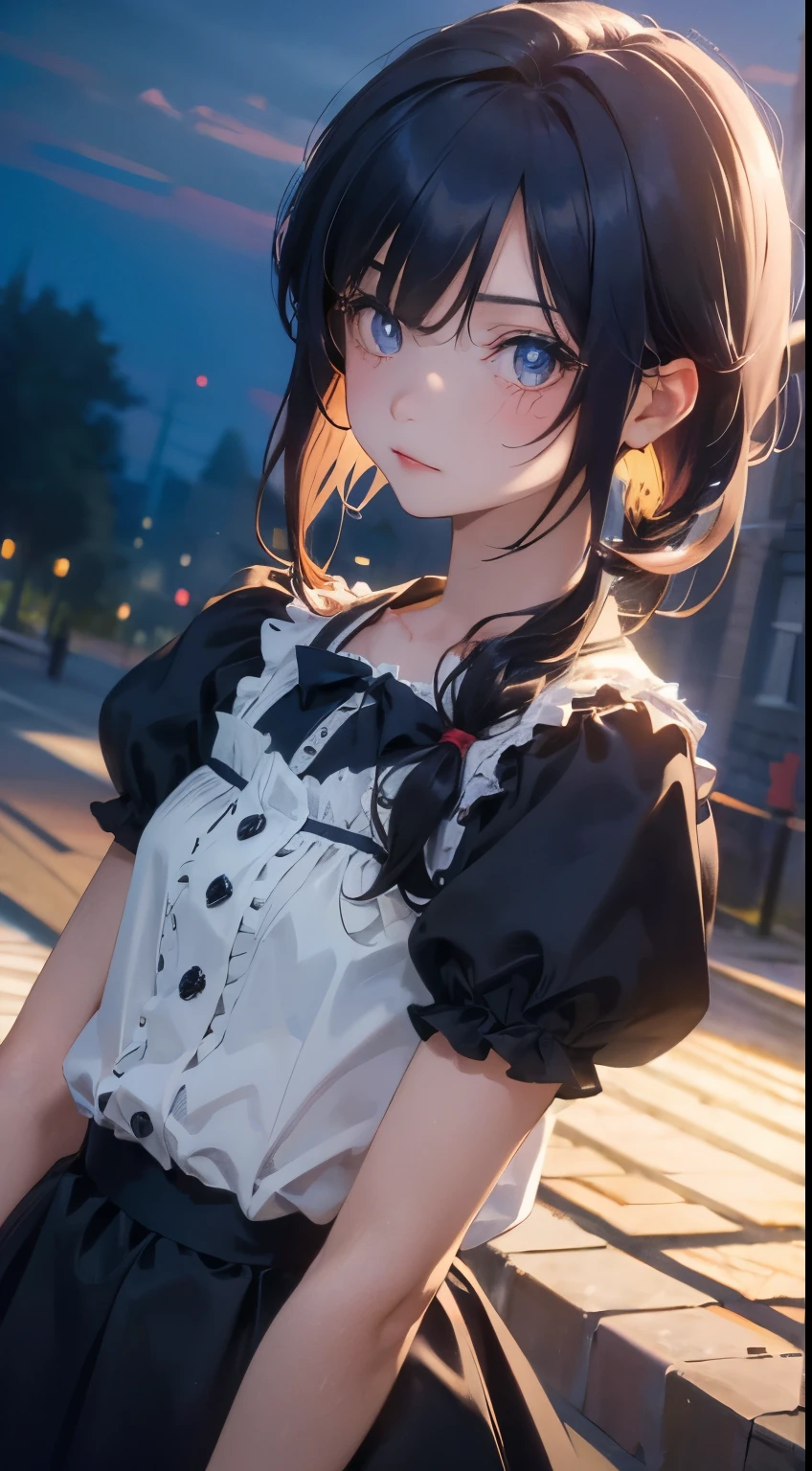 (gradient hair, dutch angle:1.3), grain du film, aberration chromatique, ville, Masterpiece, Best quality, Photo brute, photoreallistic, absurdes, 1fille, mignon, perspective, Tir de cowboy, high resolucion, Ultra detailded, Detailed eyes and face, pupilles pointues, realistic pupils, mise au point nette, summer, Nuit,