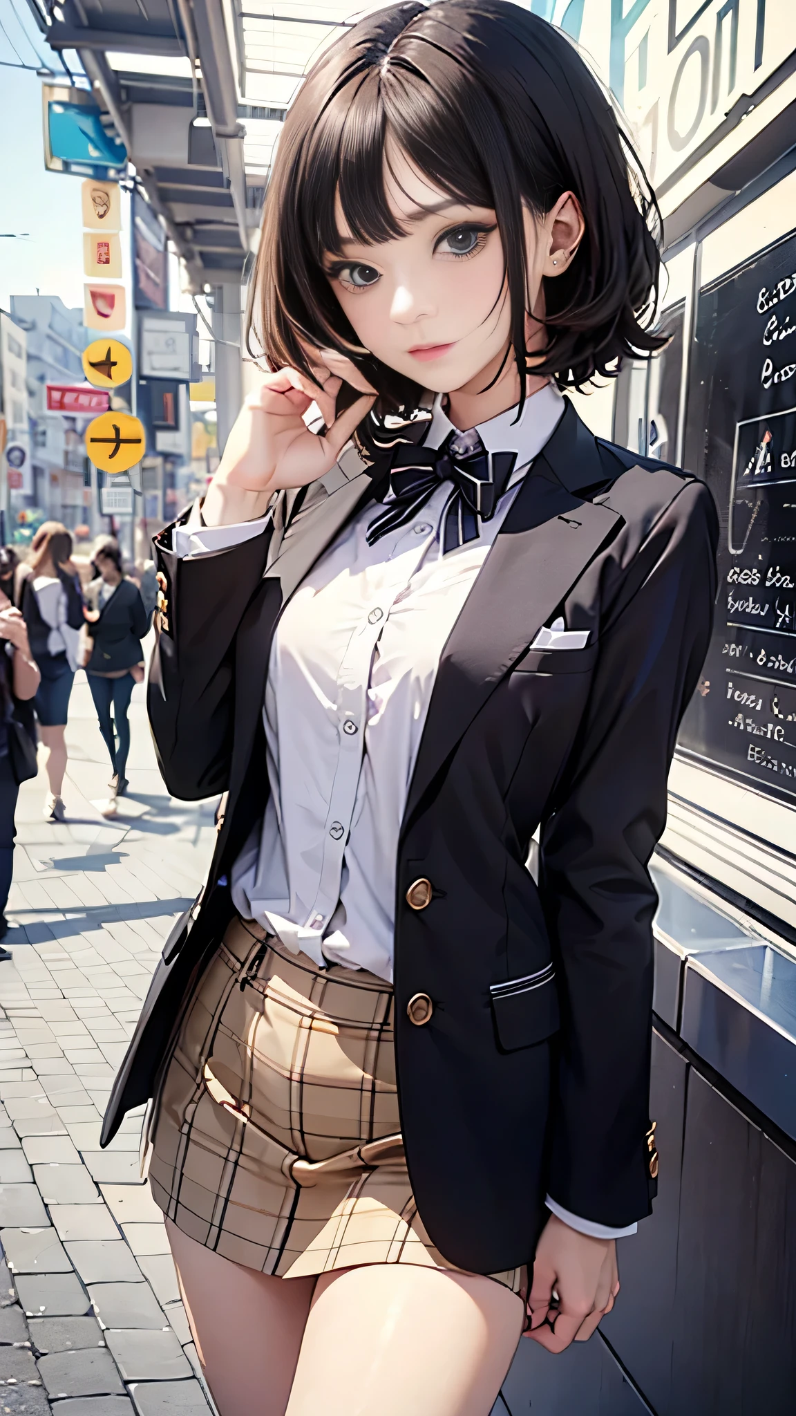 最high quality, masterpiece, 1 girl, Beautiful Face, (Photorealistic photography:1.3), Rim Light, (Skin with attention to detail:1.2), 8k UHD, Digital SLR, high quality, High resolution, 4K, 8k, Bokeh, Disorganized, The optimal ratio is four fingers to one thumb, (Genuine:1.3), Small face, pretty girl, Black Formal Blazer, Mid-breasted, Short skirt,office