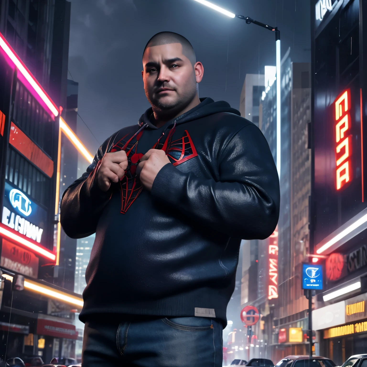 a 40 year old man, slightly fat body, dressed in Dark Spiderman, buzz cut hair, sharp claws shining blue from between his fingers, there are scratch marks on his clothes, the background is in the middle of the city, wet raindrops and there is lightning, Ultra HD, very clear .4K