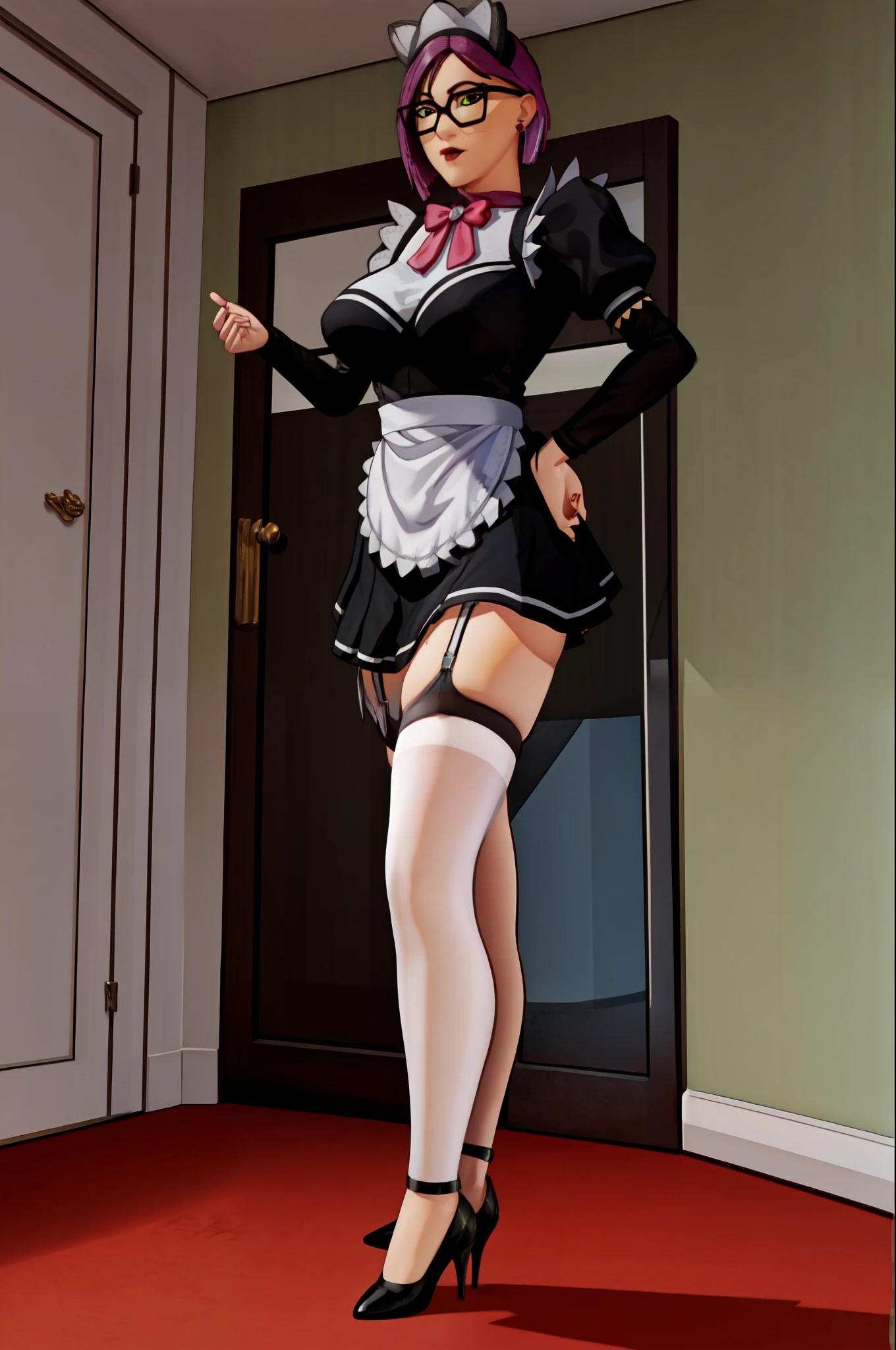  intricate details, 1girl, mature female, solo, standing, (legs apart:1.1), spread legs, hands on hips, full body,
looking at viewer, determined,
Pick hair, short hair, green eyes, glasses, earrings, jewelry, 
maid, maid headdress, bowtie, maid apron, black shirt, puffy short sleeves, miniskirt, white thighhighs, garter straps, high heels,
(curvy:1.1), large breasts,
indoors, luxury room, window, mansion,
