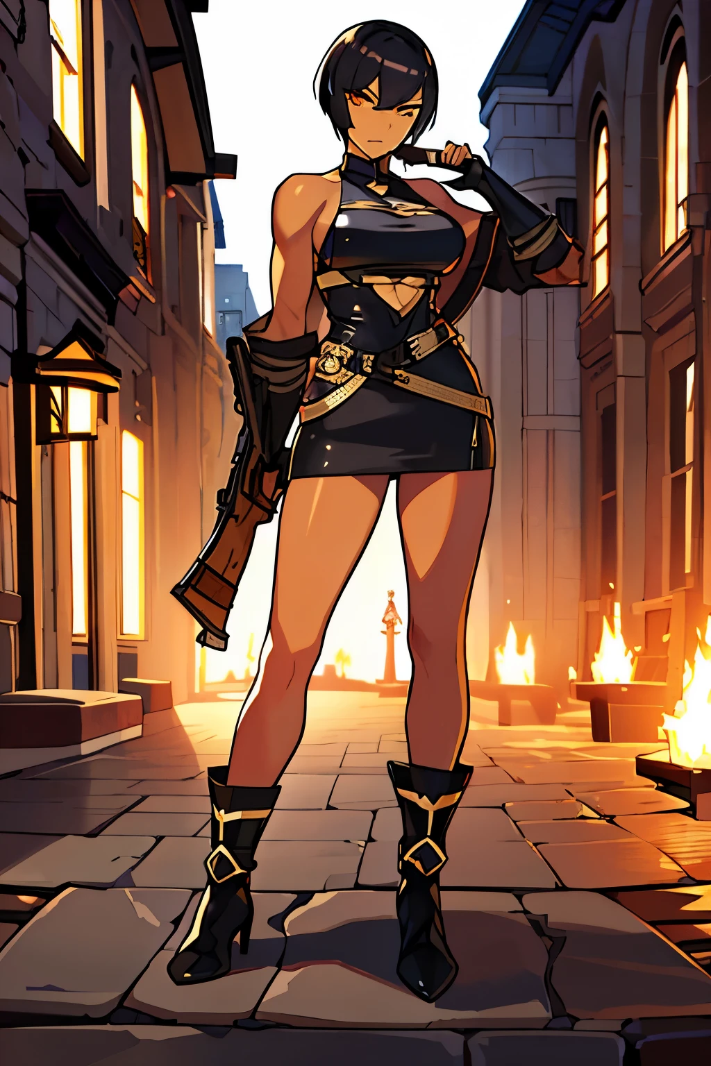 Tall, lightly muscular, woman, buzz haircut, gladiator, light leather body armor, black hard leather skirt, holding a Springfield wooden Rifle, black skin, dark skin, black, yellow cat eyes