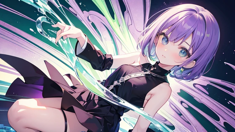 Anime Style,highest quality, masterpiece,Green and purple hair, iris,Simple Background,One Girl, fluid movement,Classical Retro