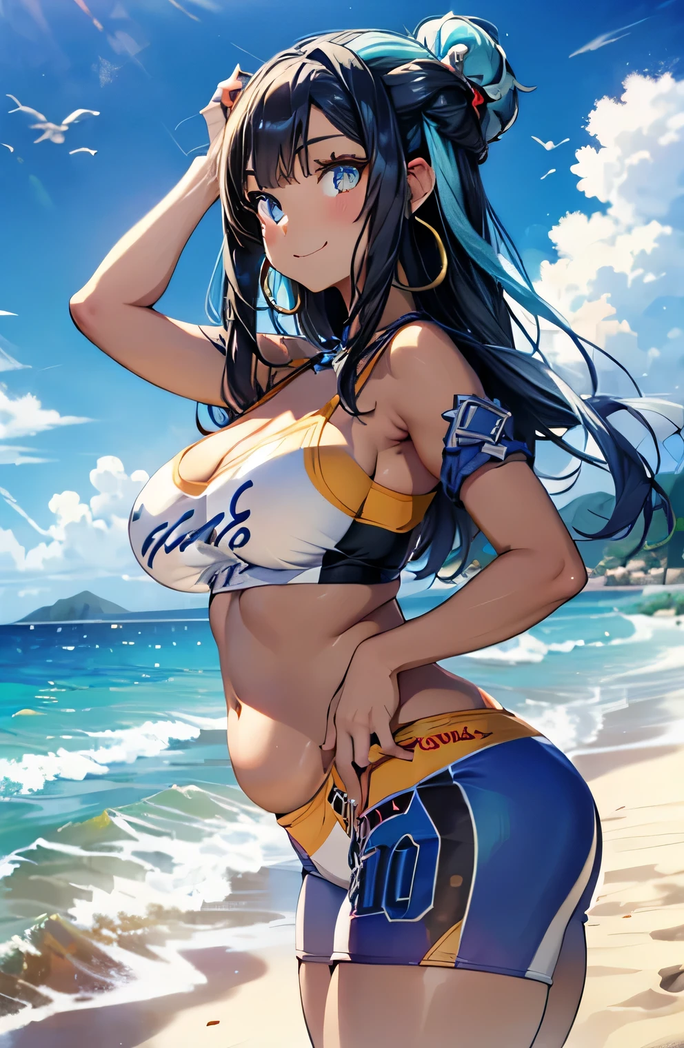 Anime illustration、highest quality、A short and plump high school girl、hot pants、Sandy Beach、Perfect proportions、overwhelmingly big breasts、Beautiful, shining eyes、Blushed、smile、Cowboy Shot