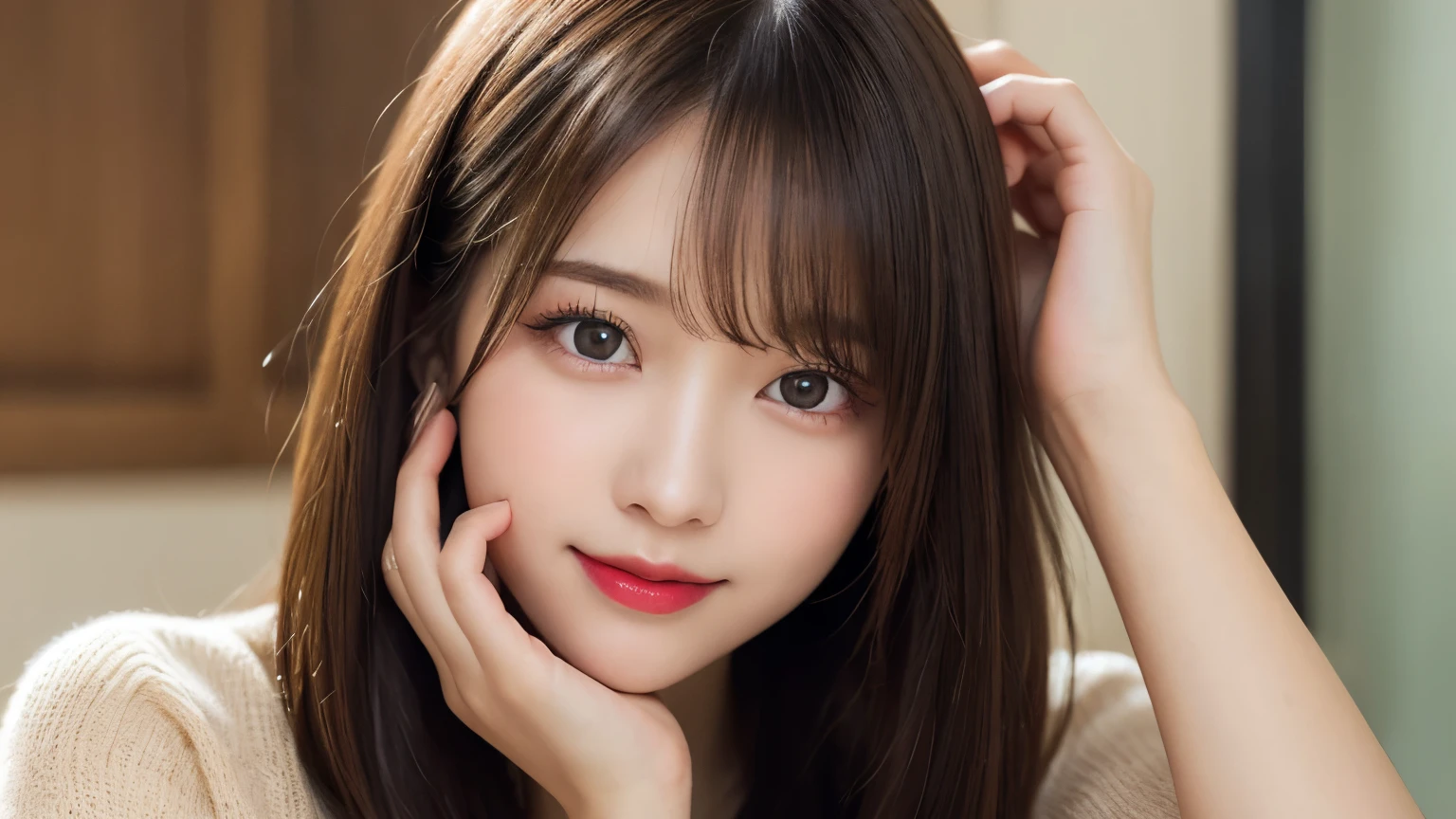 on the table, best quality, shape, Super detailed, Finely, high resolution, 8k wallpaper, 完璧なダイナミックな構shape, Beautiful and delicate eyes, Medium Length Hair, Small Breasts, Natural lipstick, Casual sexy pose,Smile,20 year old girl、midnight、Beautiful and detailed face、Perfect beautiful face,big eyes、original photo、Use the whole body to express female posture、Beautiful and delicate eyes、Small face、Beautiful duplex、Facelift and style,skirt、Beautiful golden ratio face,Long hair