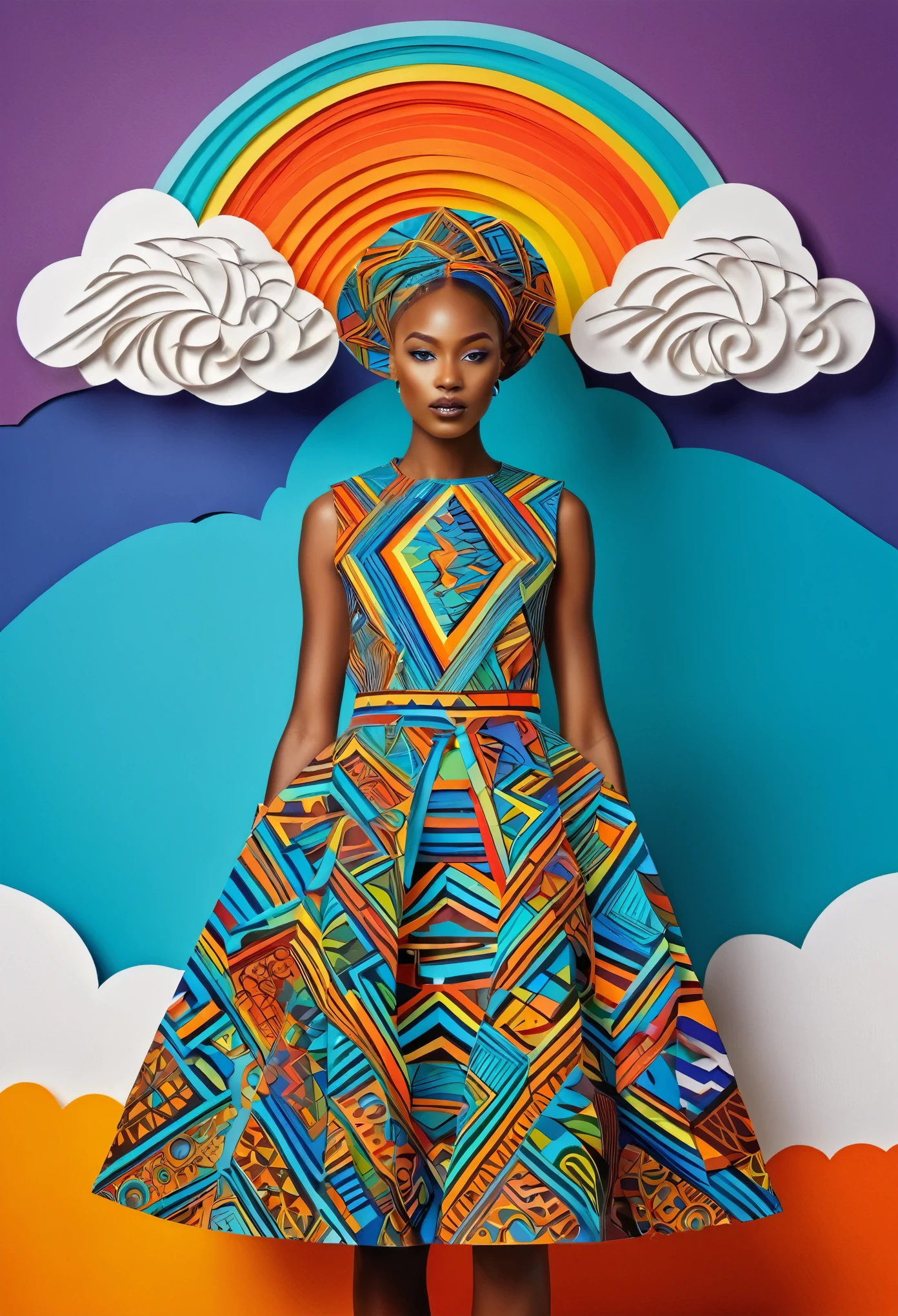 african girl dressed in african designed clothes,Abstract surreal colors,Stylish Geometric Surrealism,rainbow,paper cutting,clouds