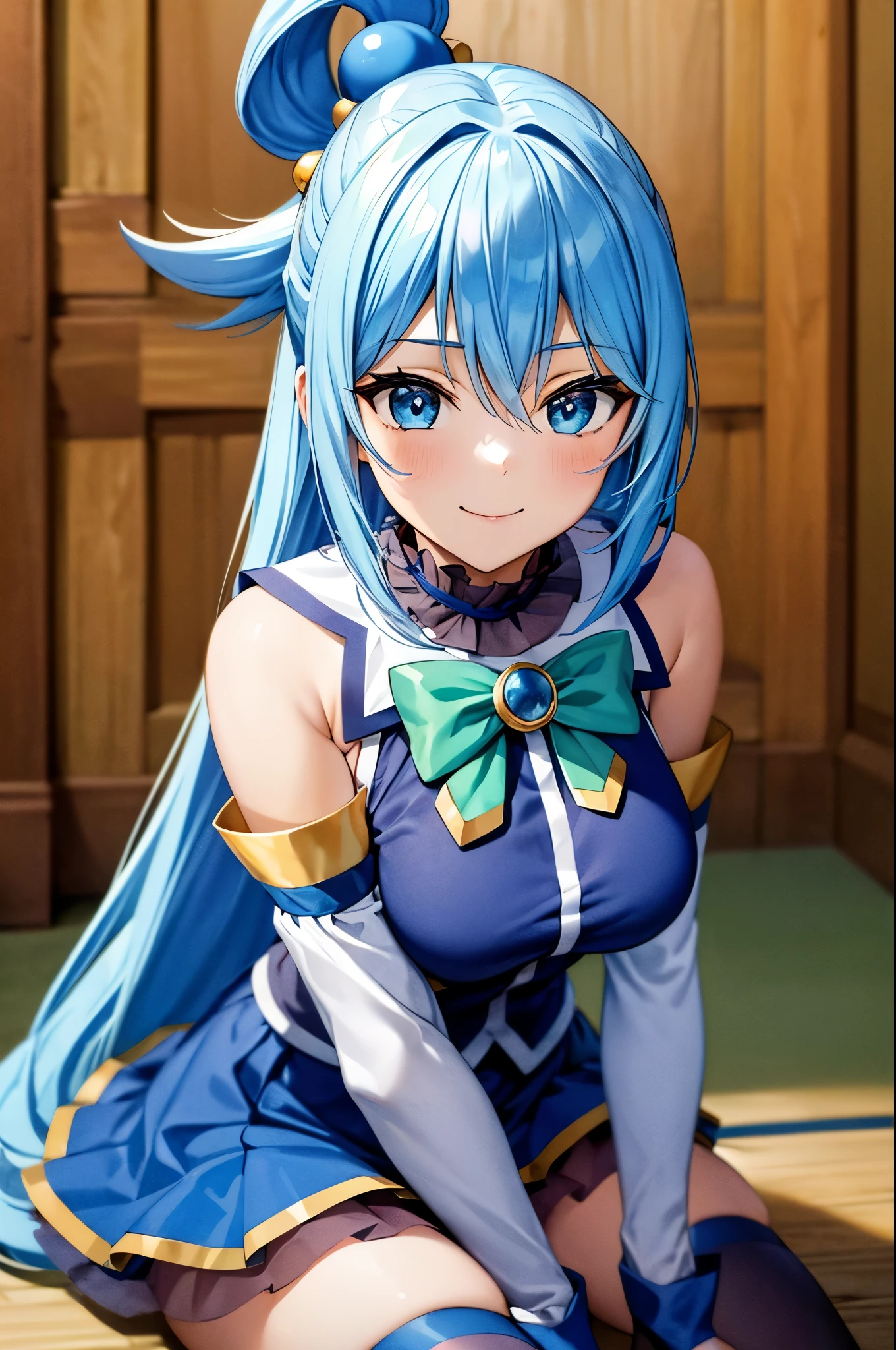 (masterpiece, best quality:1.2), expressive eyes, perfect face, highres, 1girl, solo, aaaqua, long hair, blue hair, hair rings, hair ornament, choker, bare shoulders, green bow, blue shirt, detached sleeves, blue skirt, thighhighs, happy smiling, sitting on floor, knees up, portrait, looking at the viewer
