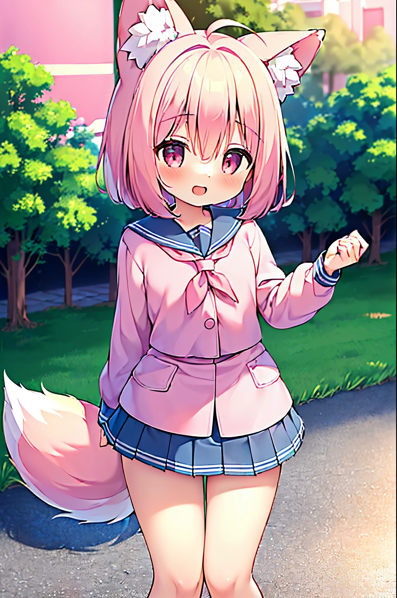 (((masterpiece))), (((最high quality))), (((high quality))), (((beautiful))), (((8k))), (((High resolution)) (((超High resolution))), (((High resolution))), (((Great illustrations))), (1 girl:1.4), (Pink Short Hair:1.3), (Pink fox tail:1.4), (Pink fox tail:1.2), Pink fox ears, (Pink Eyes), (Very small breasts:1.5), (Ultra-flat chest:1.4), (Cowboy Shot:1.3), (Cowboy Shot:1.4), (laughing:1.3), (Long sleeve:1.3), (sailor uniform:1.6), (Standing on a park sidewalk:1.4), (White pleated skirt:1.5)