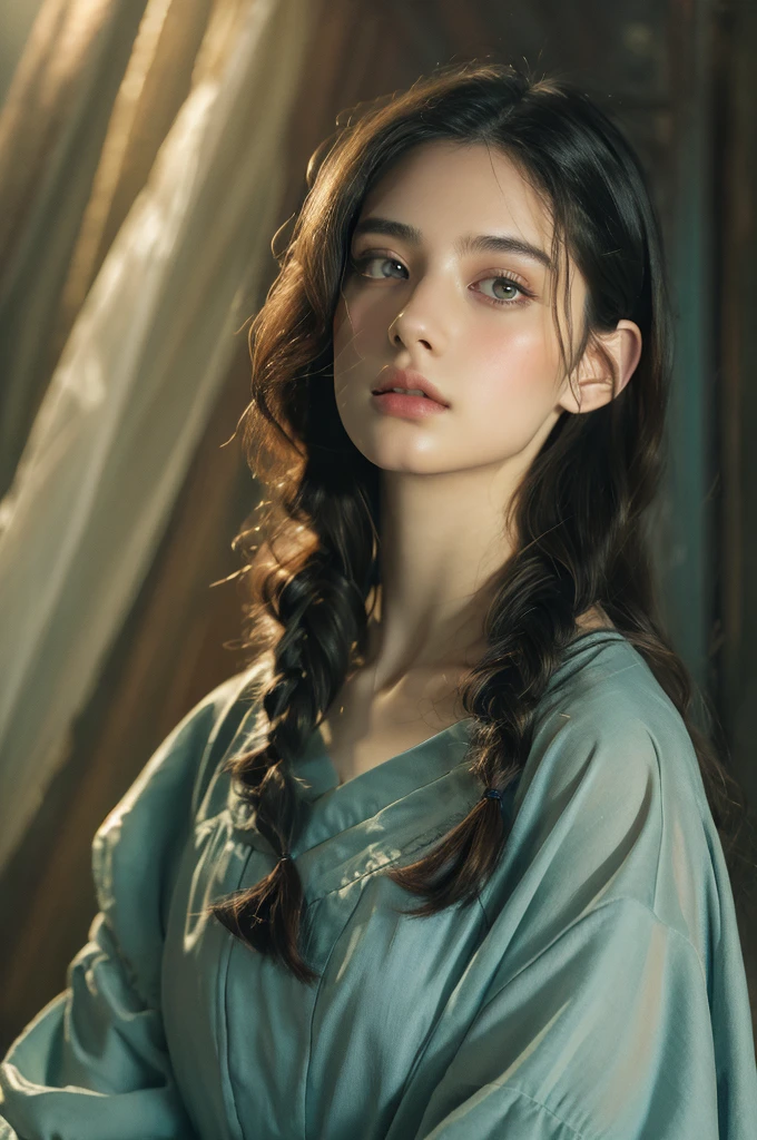 ( masterpiece, top quality, best quality,8k,17 years old girl,ultra detailed,raw photo:1.5),(photorealistic:1.4), (cinematic lighting), PerfectNwsjMajic, , Surrealism, UHD, ccurate, Super detail, textured skin, High detail, Best quality, dynamic angle, White skin,[Beautiful blue eyes], high nose,[flat chest:large breasts:0.5],(1girl),(good anatomy:0.5)), Dreamy atmosphere, Dark,expressive brush strokes, mystical ambiance, Artistic interpretation, Stunning Studio Ghibli style costumes, a whimsical illustration, Subtle colors and tones, mystical aura,straight face, hairstyles