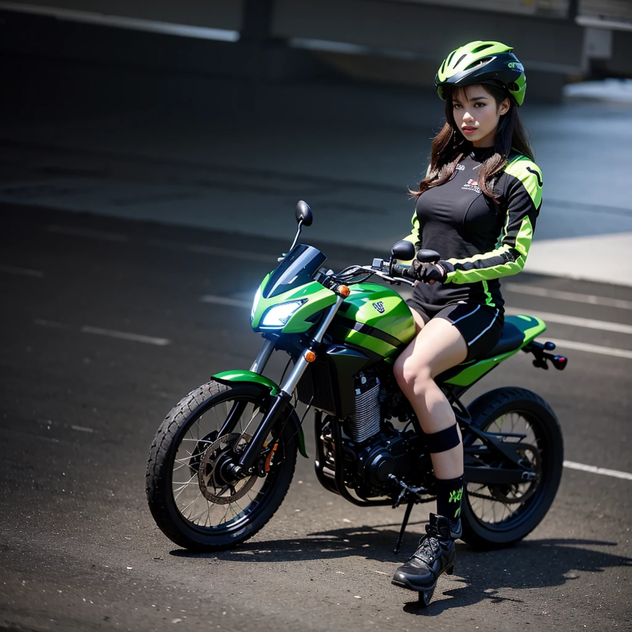 Highest image quality, outstanding details, ultra-high resolution, (realism: 1.4), the best illustration, favor details, highly condensed 1girl, with a delicate and beautiful face, dressed in a black and green mecha, wearing a mecha helmet, holding a directional controller, riding on a motorcycle, the background is a high-tech lighting scene of the future city. surreal illustration, surreal rendering, clean digital rendering, photo realistic rendering, surreal illustration