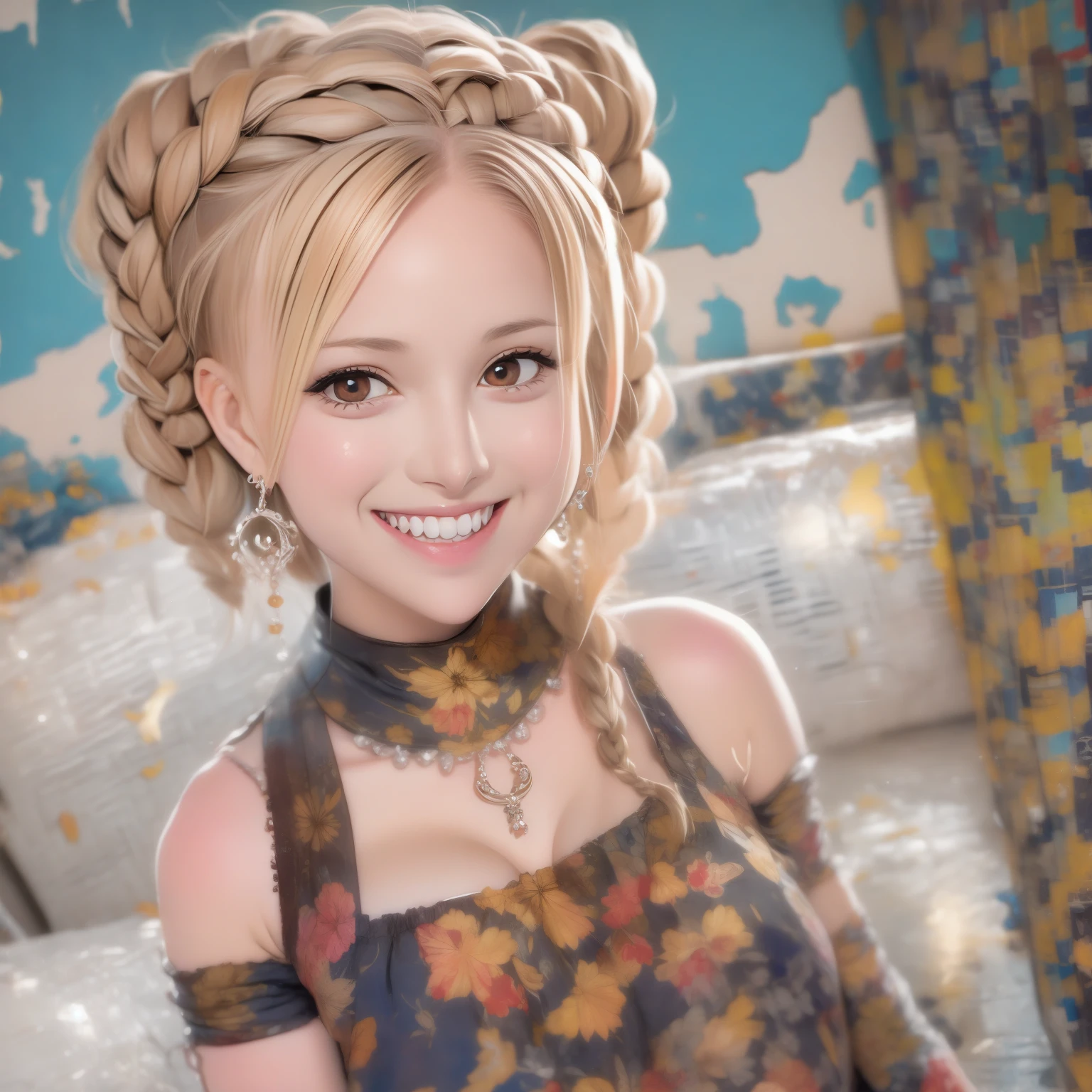 UHD,8K,Hyperrealism,light brown hair,happy tears,red eyes,crystal earrings,smile,cowboy shot,sony FE