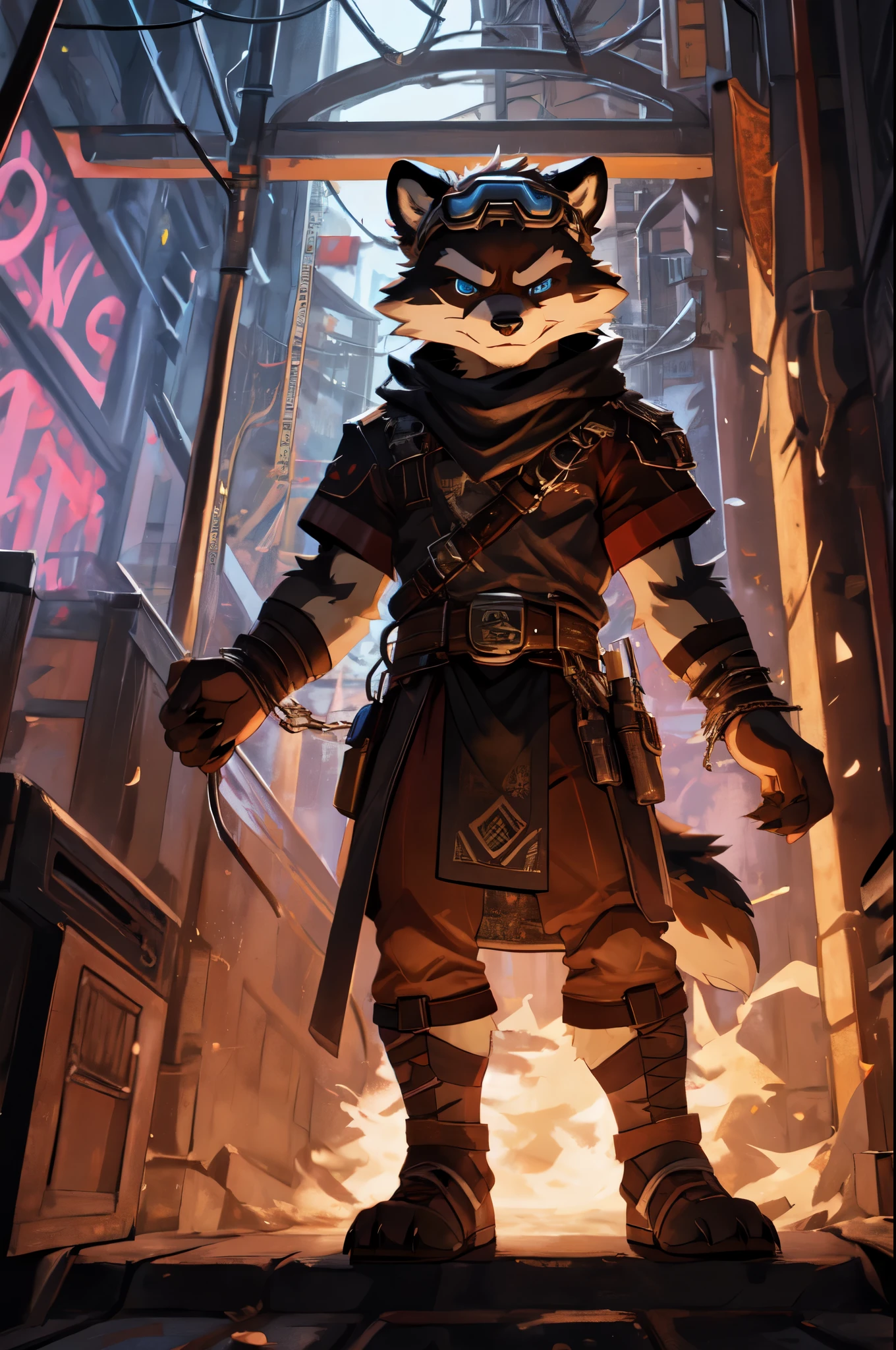 High-quality illustrations, unparalleled masterpiece, (furry anthro:1.7)absurdres(highly detailed beautiful face and eyes)perfect anatomy, expression, caustics, no lighting, deep shadow, dynamic angle, masterpiece, high quality, hi res, solo, Furry, furry, teencoon, spiked brown hair only on head, red scarf, blue eyes, goggles, chain harness, Black loincloth, red cape, masterpiece, detail body, fur all over body, detailed face, detailed eyes, detailed hands, Skinny, claws, high resolution, metal cuffs on wrists, metal cuffs on ankles, no shirt, no underwear, crowded nightclub, angry