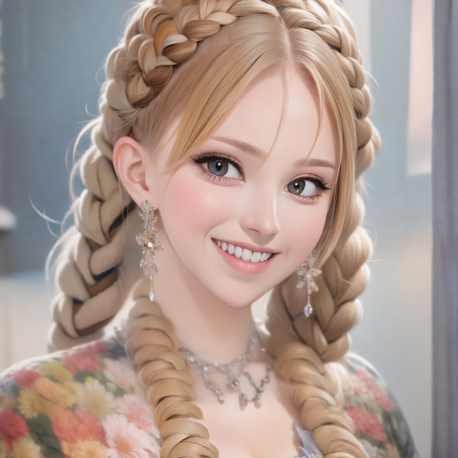 UHD,8K,Hyperrealism,light brown hair,happy tears,red eyes,crystal earrings,smile,cowboy shot,sony FE