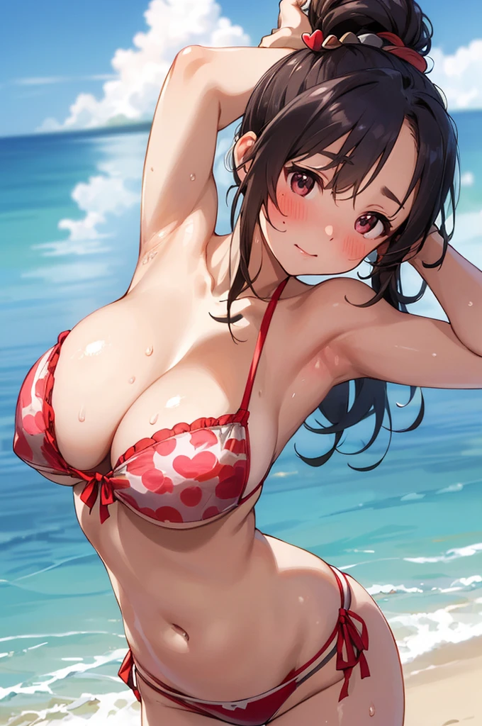(detailed magnificent bikini), (8K, masterpiece, Top Quality, highres, RAW photo, (professional photograph:1.3), canon EOS 5D, 19yo), (idolmaster realistic), (detailed smooth (light-skinned), radiant skin), best proportion:1.3, perfect hands, perfect fingers, perfect anatomy:1.5, sweat, in heat, ((hair up kanako nape focus:1.3)) having open stance model pose:1.5), (from above), beautiful drop-shaped breast, (hanging down breast), (extremely beautiful half-open eyes:1.3), (daytime bluesky (beach:1.3)), (blush spoken-heart:1.45), (pubic-hair:1.2),
